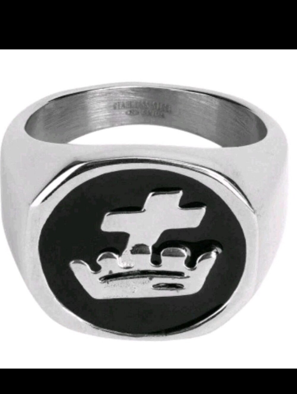 Men's Ring Stainless Steel Cross & Crown Black Background Silver Tone Sz 12 NEW